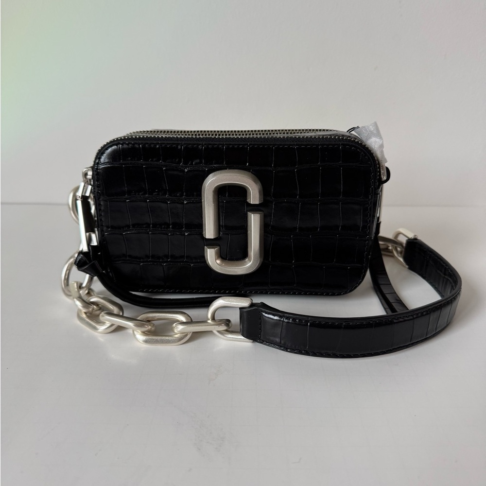 Marc Jacobs Black Croc-Embossed Snapshot Crossbody with Silver Chain